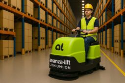 Limpieza de piso industrial con equipos Nilfisk en almacén de Tecate