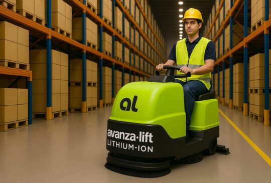 Limpieza de piso industrial con equipos Nilfisk en almacén de Tecate