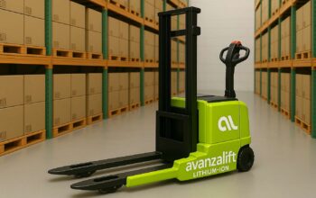 Apilador eléctrico elevando carga en almacén moderno