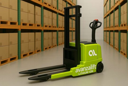 Apilador eléctrico elevando carga en almacén moderno