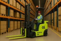 Apilador eléctrico compacto operando en espacios reducidos