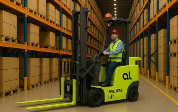 Apilador eléctrico compacto operando en espacios reducidos